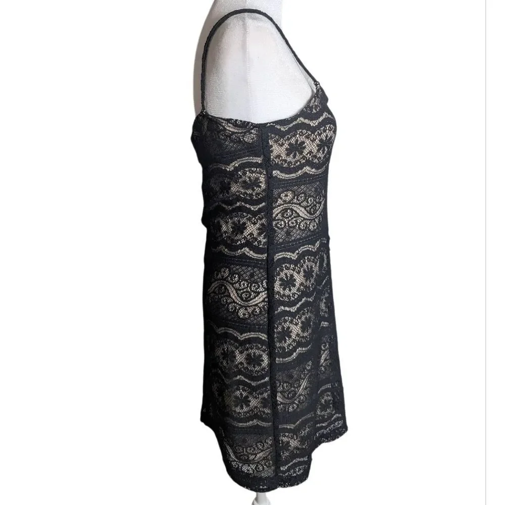 Vintage 90s Poetry Black & Nude Lace Crochet Overlay Slip Mini Dress Juniors M